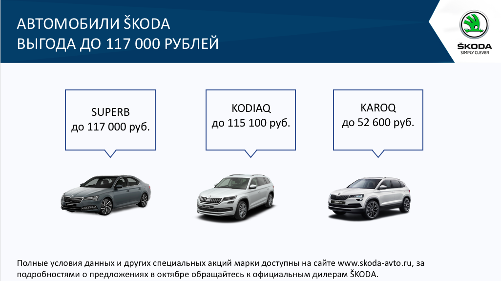 В октябре ŠKODA AUTO Россия предлагает привлекательные условия на покупку автомобилей